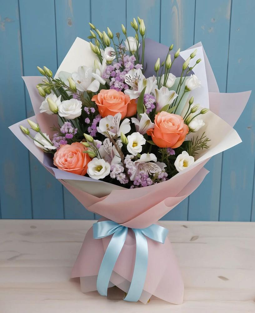 Букет Утренняя свежесть в Лопатино Букет цветов из: Лизиантусы, Розы, Альстромерии и Гипсофила в Лопатино