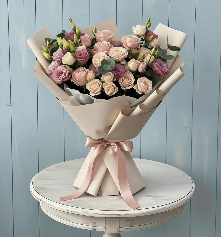 Букет бодрость в Лопатино Букет цветов из: Розы и Лизиантусы в Лопатино