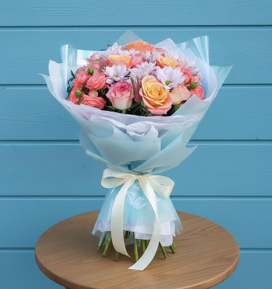 Букет Счастливые мгновение в Лопатино Букет цветов из: Хризантемы и Розы в Лопатино