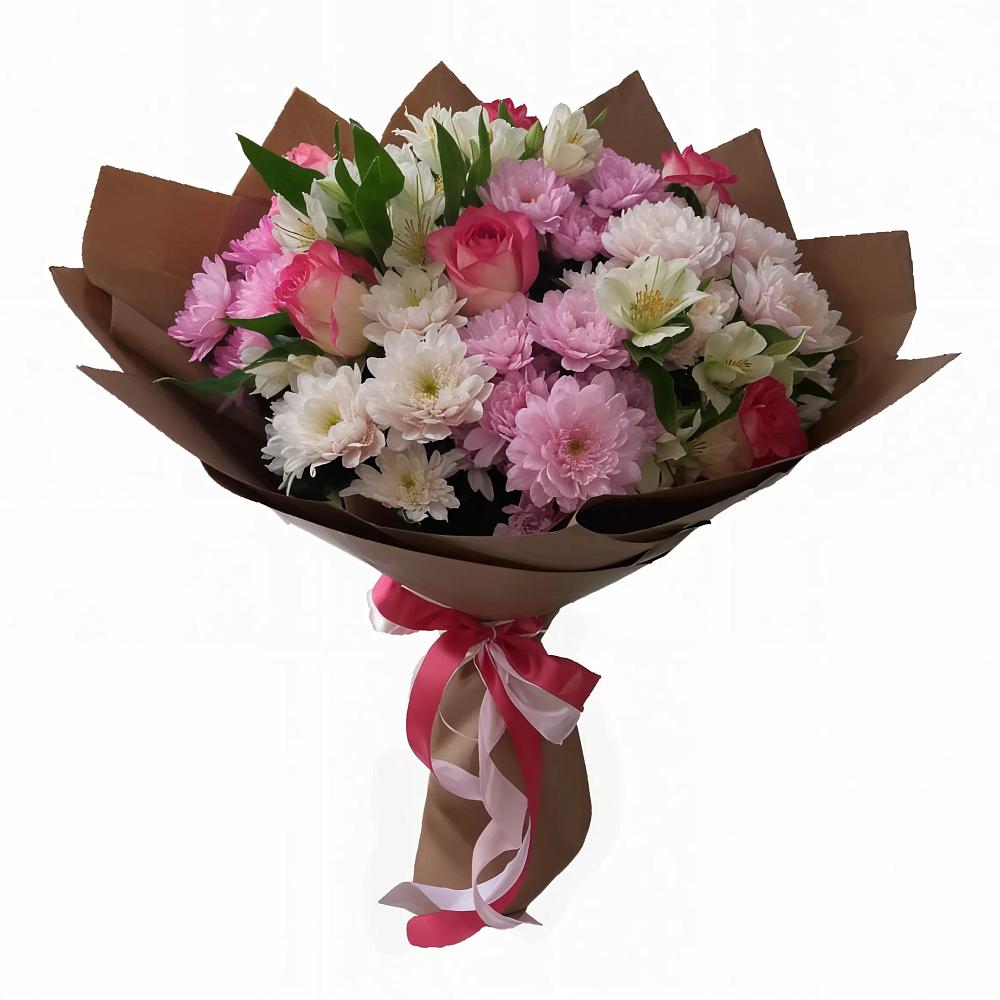 Букет Розовое очарование в Лопатино Букет цветов из: Хризантемы, Альстромерии и Розы в Лопатино